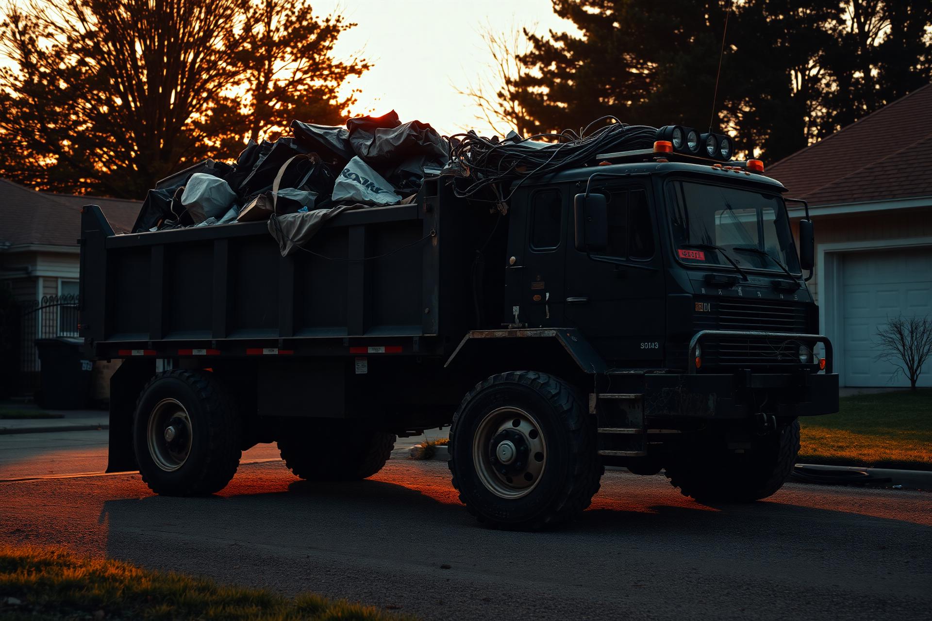Titan Junk Removal dump truck loaded at a residential job site at dusk